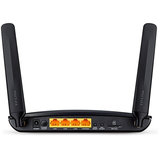 TP-LINK 300Mbps Wireless N 4G LTE Router with 4G LTE modem, LTE-FDD/LTE-TDD/DC-HSPA+/HSPA+/HSPA/UMTS/EDGE/GPRS/GSM, 3x10/100Mbps LAN ports, 1x10/100Mbps LAN/WAN port, 300Mbps / 2.4GHz, 802.11b/g/n, 2 Internal, 2 Fixed External WiFi Antennas