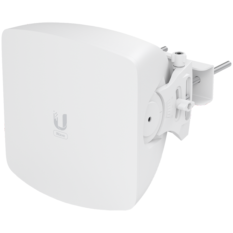 UBIQUITI Wave AP; Max. throughput: 5.4 Gbps (2.7 Gbps duplex); 30° sector coverage; 5 GHz weatherproof backup radio (Max. throughput: 800 Mbps); 2.5 GbE and (1) 10G SFP+ WAN ports; Integrated GPS & Bluetooth; 15 client capacity: Wave Pro (8 km link range)