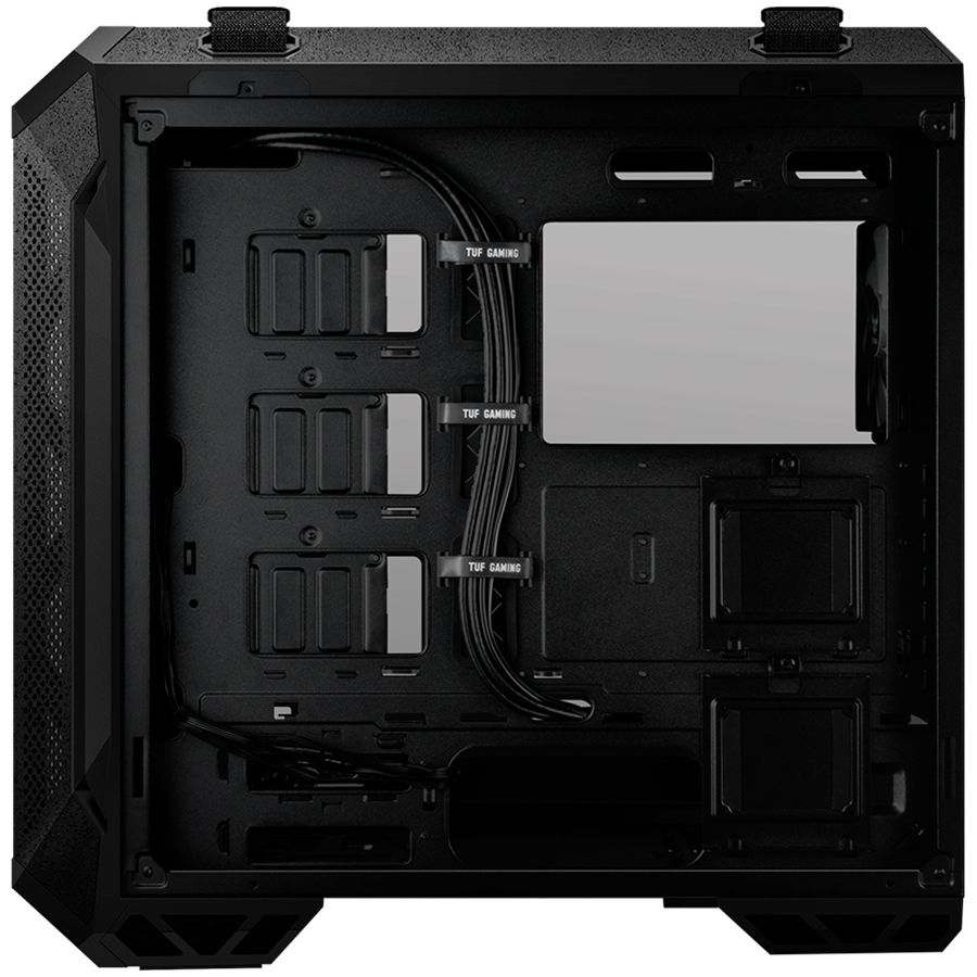 ASUS TUF Gaming GT501 case supports up to EATX with metal front panel, tempered-glass side panel, 120 mm RGB fan, 140 mm PWM fan, radiator space reserved, and USB 3.1 Gen 1
