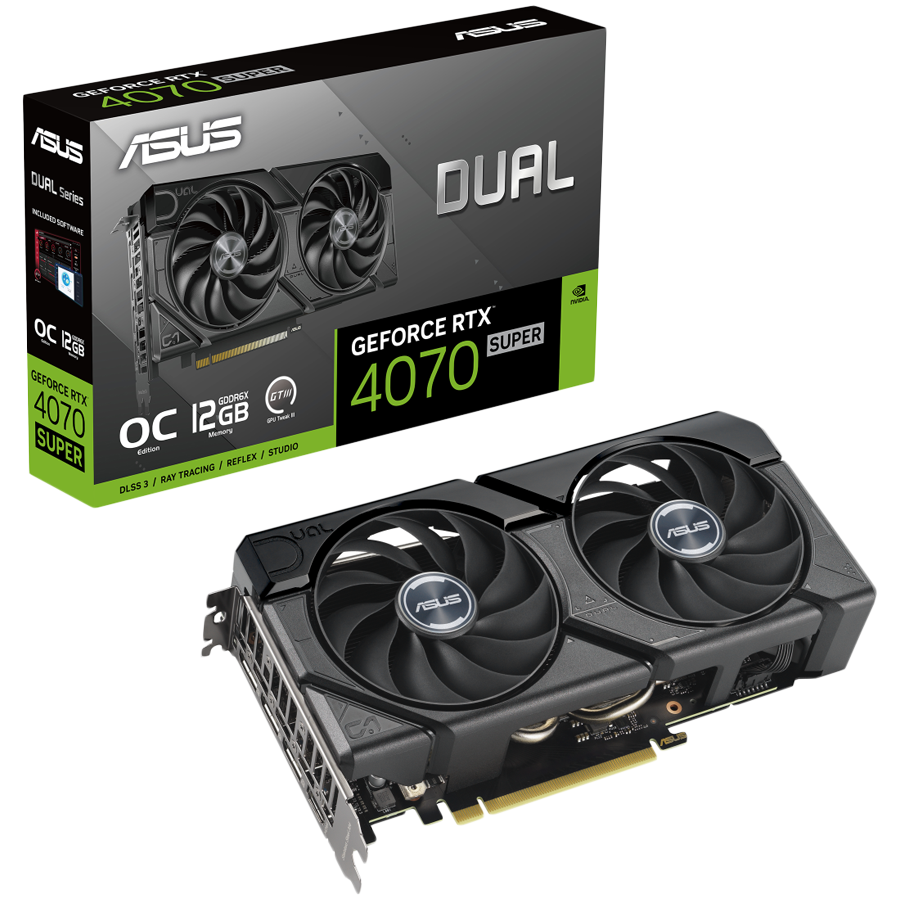 ASUS Video Card NVidia Dual GeForce RTX 4070 EVO OC Edition 12GB GDDR6X VGA with two powerful Axial-tech fans and a 2.5-slot design for broad compatibility, PCIe 4.0, 1xHDMI 2.1a, 3xDisplayPort 1.4a