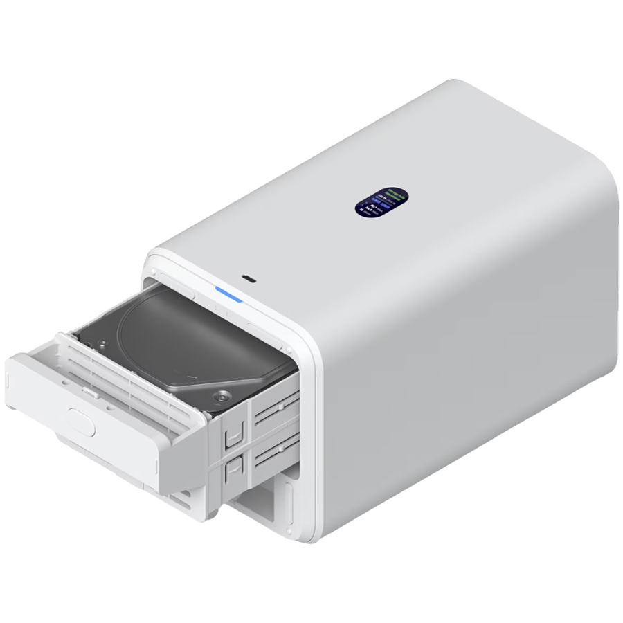 Ubiquiti UniFi UNAS-2-W-EU Network Attached Storage with (2) 3.5inch HDD bays, 2.5 GbE networking, USB-C connectivity, and an included PoE++ adapter, all in a compact footprint