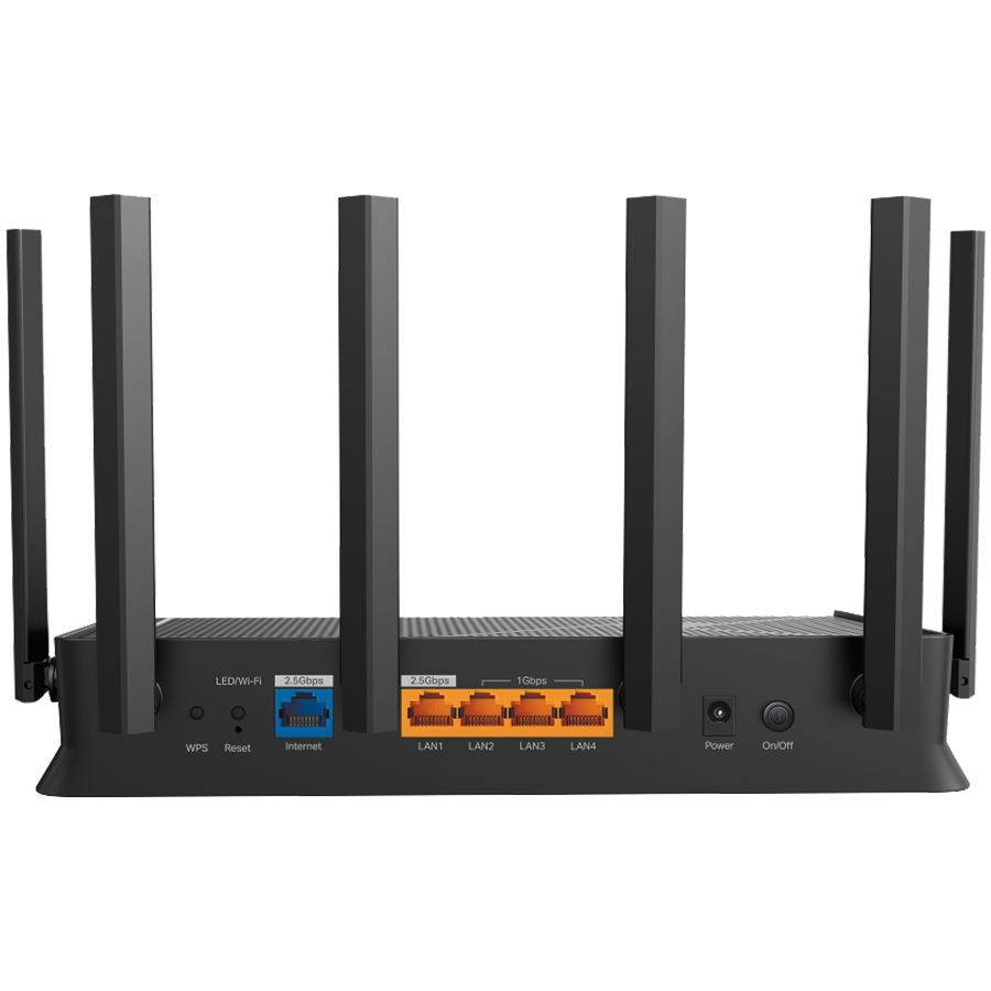 TP-Link Dual-Band BE6500 Wi-Fi 7 Router, 688Mbps at 2.4GHz, 5764Mbps at 5GHz, 6 antennas, 2.0GHz quad core CPU, 2.5Gbps WAN port, 2.5Gbps LAN port, 3 x 1Gbps LAN ports, 1x USB 3.0 port, MLO, 4K QAM, OFDMA