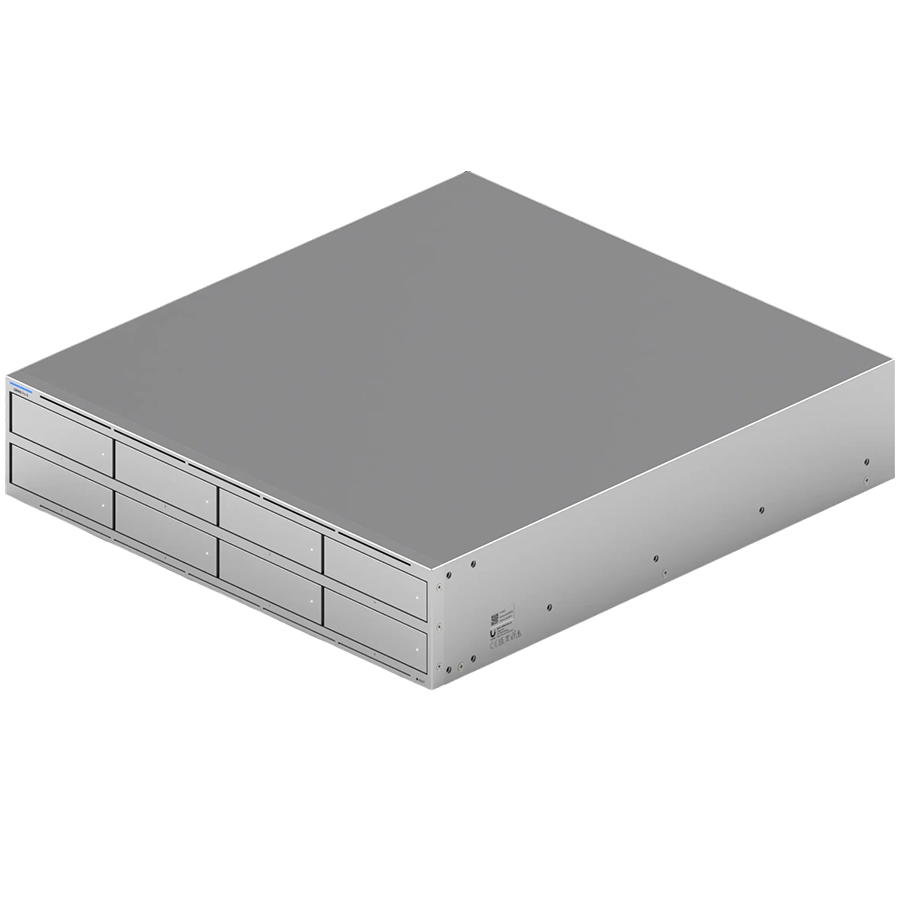 Ubiquiti UNAS-Pro-8-EU 2U rack-mount NAS with (8) 2.5/3.5" HDD bays and (2) M.2 NVMe SSD cache slots, delivering faster access, lower latency, and high-availability 10 Gbps networking for large-scale file storage and sharing