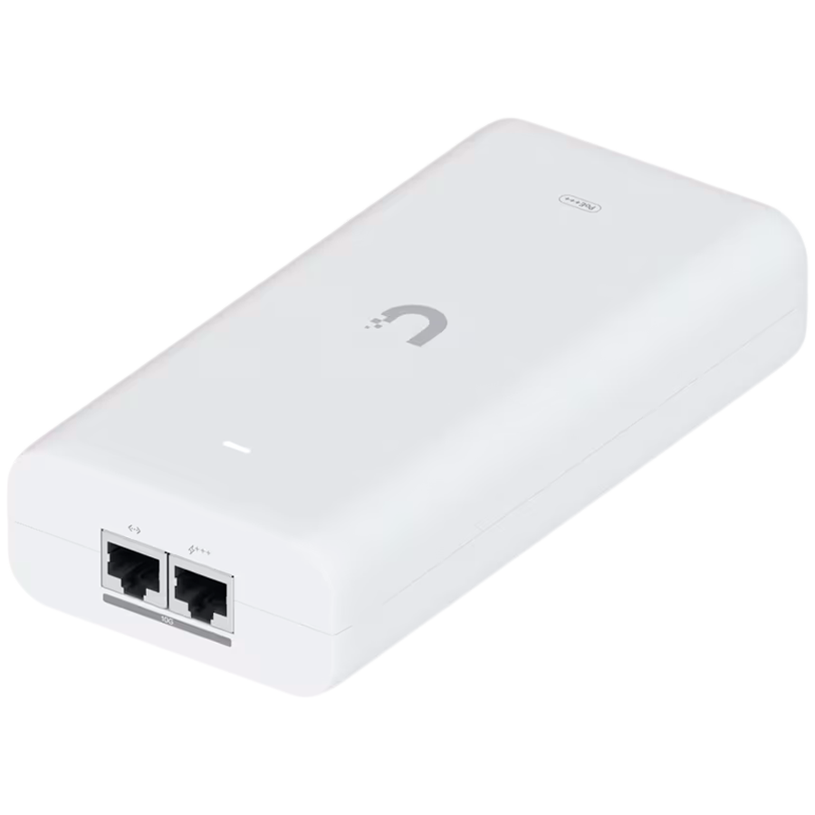 Ubiquiti UniFi 10G PoE+++ Adapter (90W), can power UniFi PoE+++ devices, reduce dependency on PoE switch power, and provide a Multi-Gigabit LAN connection, Contains RJ45 data input, AC cable with earth ground, and PoE+++ output