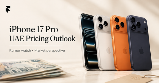 iPhone 17 Pro lineup in silver, cosmic orange, and deep blue finishes displayed beside AED currency notes, illustrating Florence Trading's iPhone UAE pricing outlook article