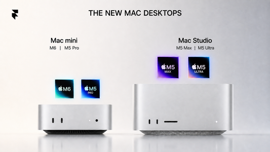 Apple's new Mac mini with M6 and M5 Pro chips next to the new Mac Studio with M5 Max and M5 Ultra chips