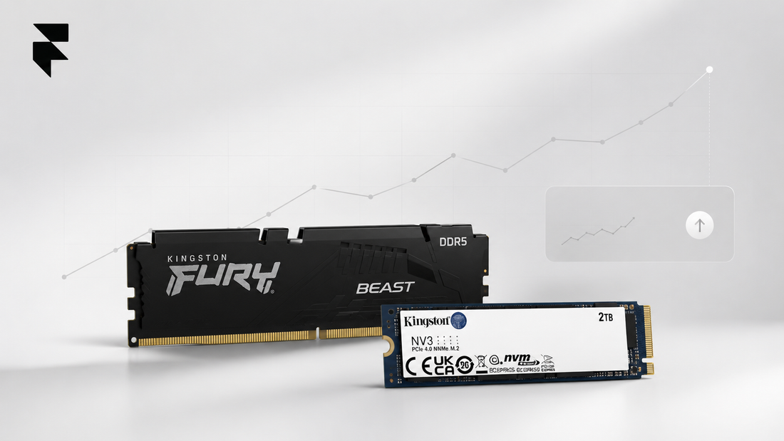 Kingston FURY Beast DDR5 RAM and Kingston NV3 2TB NVMe SSD with a rising price trend graphic, illustrating 2026 memory price increases