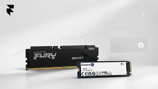Kingston FURY Beast DDR5 RAM and Kingston NV3 2TB NVMe SSD with a rising price trend graphic, illustrating 2026 memory price increases