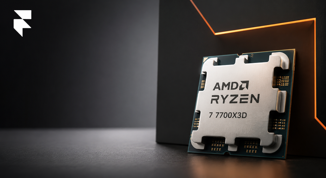 AMD Ryzen 7 7700X3D CPU chip on a dark background with orange accent lighting, Florence Trading