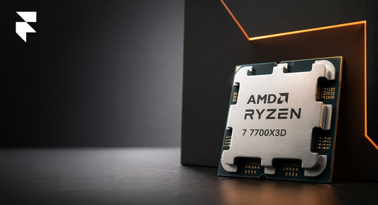 AMD Ryzen 7 7700X3D CPU chip on a dark background with orange accent lighting, Florence Trading