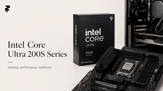 Intel Core Ultra 200S Series box and motherboard with Florence Trading branding
