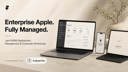 MacBook, iPhone, and iPad displaying the Jamf MDM dashboard and secure device status