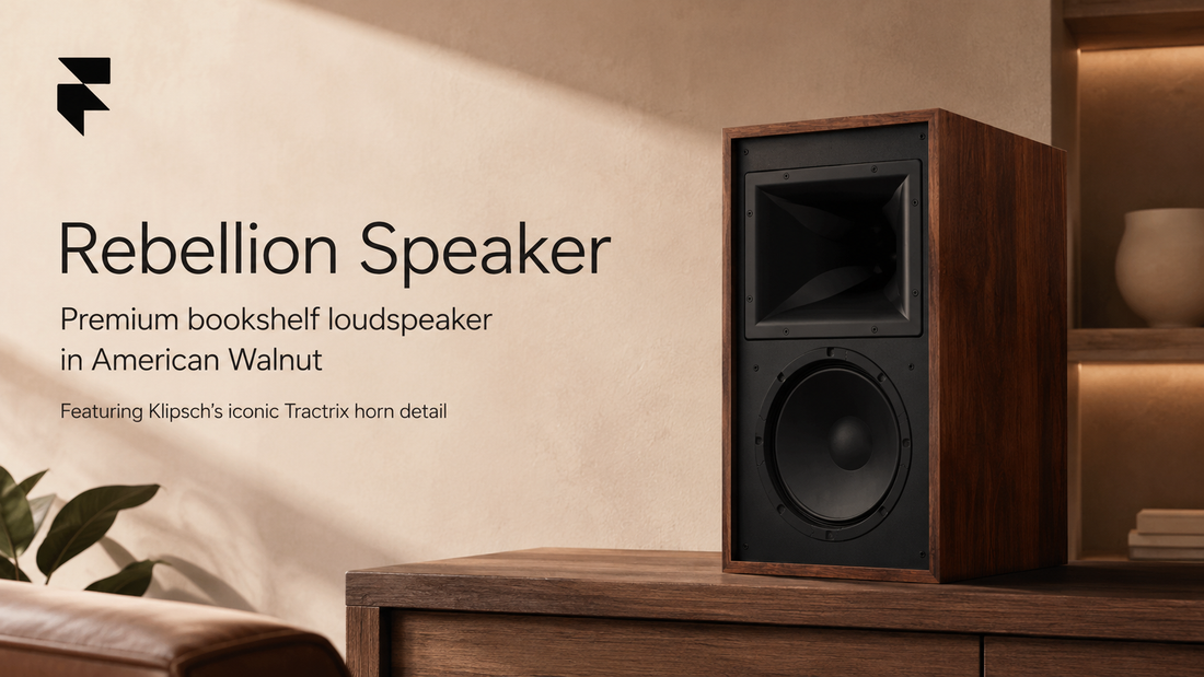 Klipsch Rebellion bookshelf speaker in American Walnut finish, featuring the iconic Tractrix horn detail