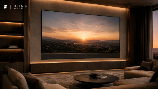 Origin Acoustics soundbar installed beneath a wide-format display in a custom home theater media wall