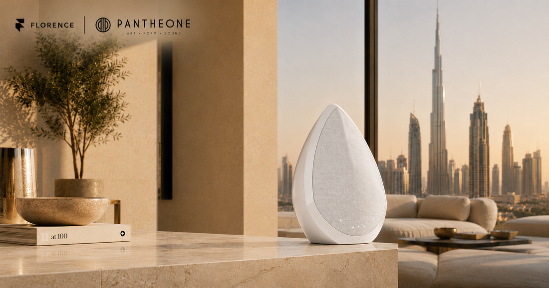 Pantheone Obsidian wireless speaker on a marble console with Dubai's Burj Khalifa skyline in the background, Florence x Pantheone