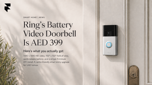Ring Battery Video Doorbell (2025) mounted on a door, priced at AED 399, with 1440x1440 HD video and a 150-degree field of view.