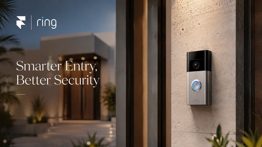 Ring video doorbell mounted at a UAE villa entrance with Florence Trading branding, reading Smarter Entry, Better Security