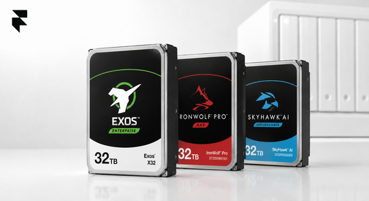 Seagate Exos, IronWolf Pro, and SkyHawk AI 32TB hard drives shown side by side against a white NAS enclosure background
