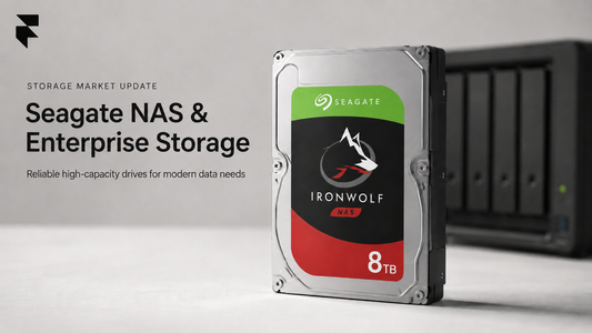 Seagate IronWolf NAS hard drive in front of a network storage enclosure