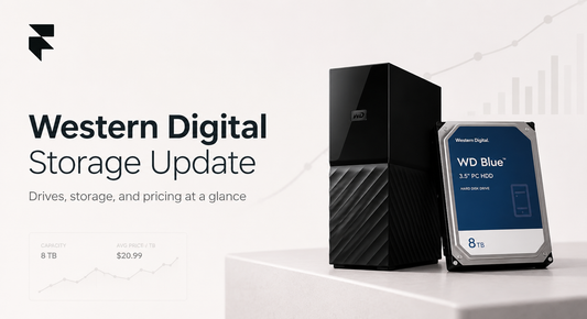 Western Digital storage update: WD My Book enclosure and WD Blue 8TB hard drive with a rising price trend chart