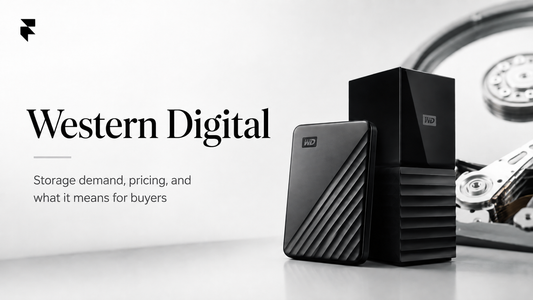 Western Digital My Passport and My Book drives beside an open hard drive platter, illustrating storage demand and pricing