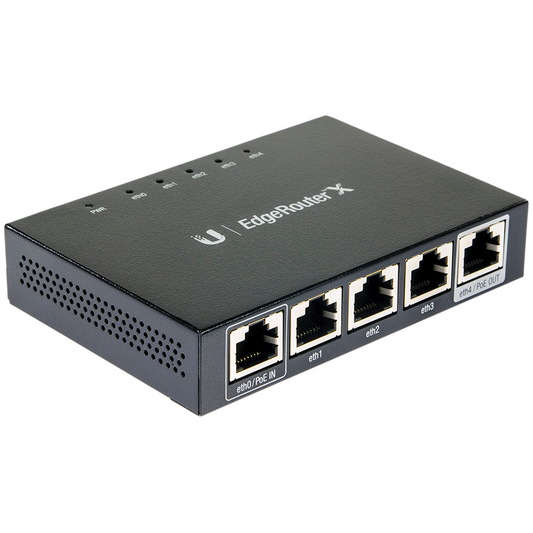 UBIQUITI EdgeRouter X; 1) GbE, 24V passive PoE RJ45 input; 3) GbE RJ45 ports; 1) GbE PoE passthrough output.