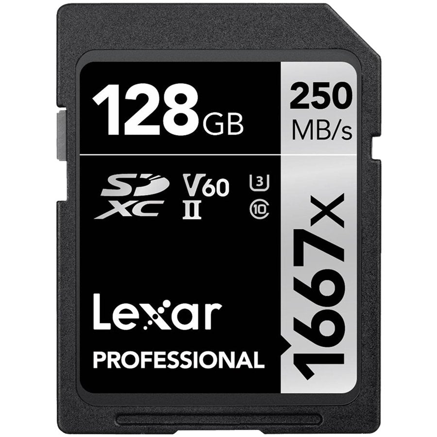 Lexar 128GB Professional 1667x SDXC UHS-II cards, up to 250MB/s read 120MB/s write C10 V60 U3