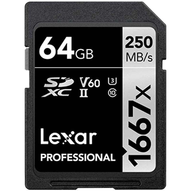 Lexar 64GB Professional 1667x SDXC UHS-II cards, up to 250MB/s read 120MB/s write C10 V60 U3