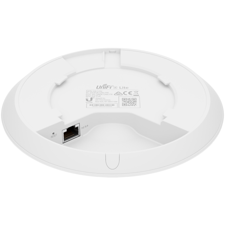 Ubiquiti U6-Lite Wi-Fi 6 Access Point with dual-band 2x2 MIMO in a compact design for low-profile mounting; no POE included in packaging ; Ubiquiti recommends using either POE switch or U-POE-af-EU