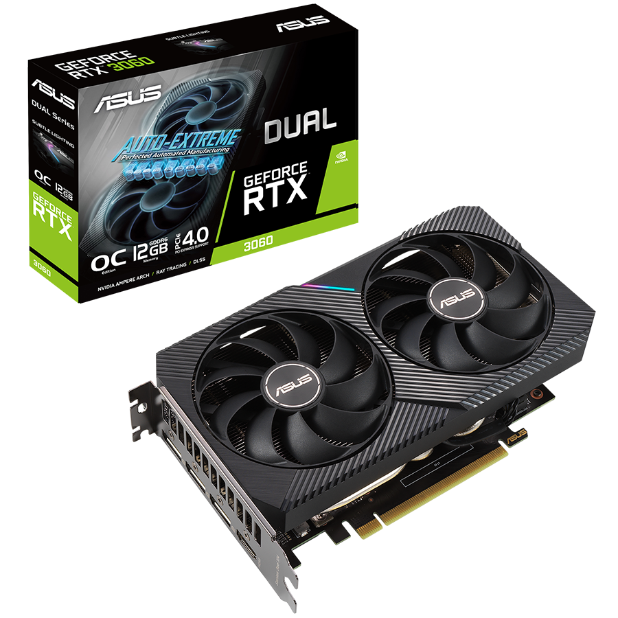 ASUS Video Card NVidia Dual GeForce RTX 3060 V2 OC Edition 12GB GDDR6 VGA with two powerful Axial-tech fans and a 2-slot design for broad compatibility, PCIe 4.0, 1xHDMI 2.1, 3xDisplayPort 1.4a