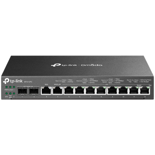 TP-Link ER7212PC Omada Gigabit VPN Router with PoE+ Ports and Controller Ability, 2× G SFP WAN/LAN Port, 1× G RJ45 WAN Port, 1× G RJ45 WAN/LAN Ports, 8× G PoE+ RJ45 LAN ports, 802.3at/af, 110 W PoE Power, 3-in-1 (Router, PoE+ Switch, Controller)