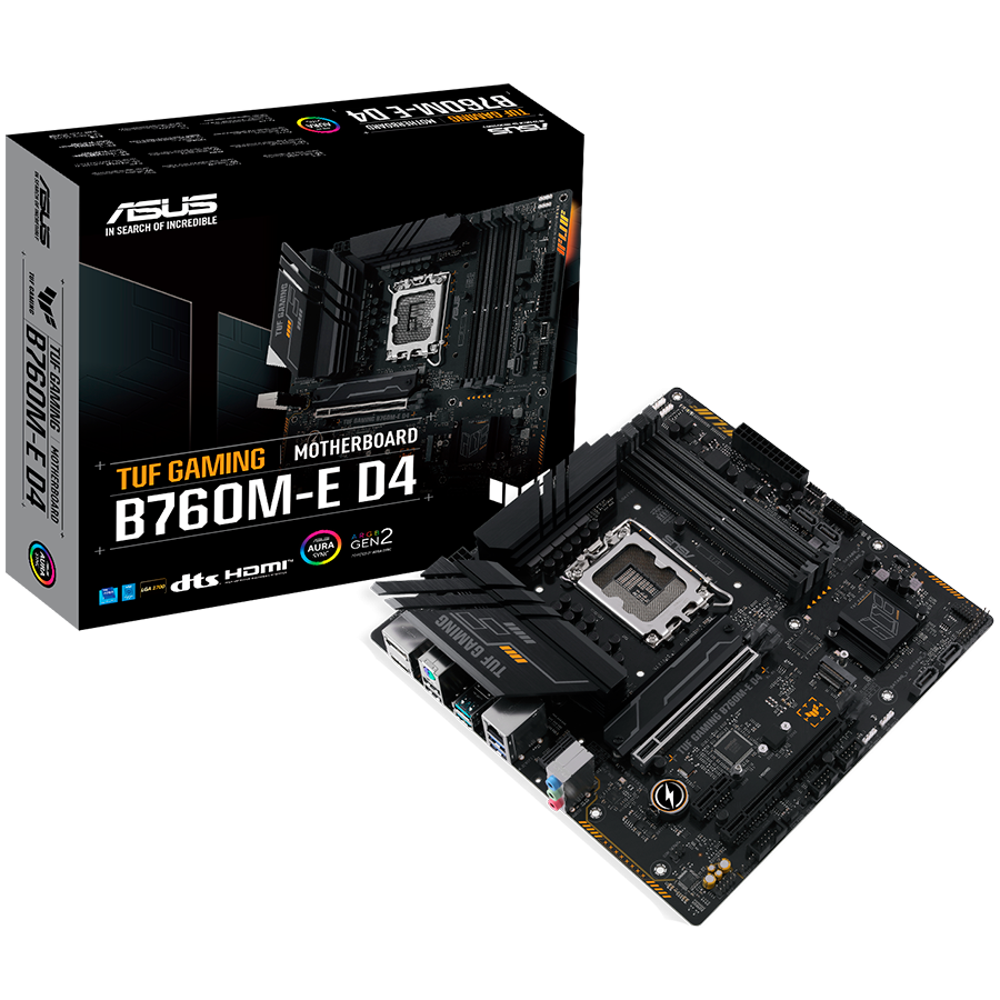 ASUS MB TUF GAMING B760M-E D4  B760, LGA1700,  4xDDR4, 2PCI-Ex16, 4SATA3, 7.1-ch, 2.5GLAN, 6 USB 3.2, 1 USB Type-C, HDMI, DP, mATX,