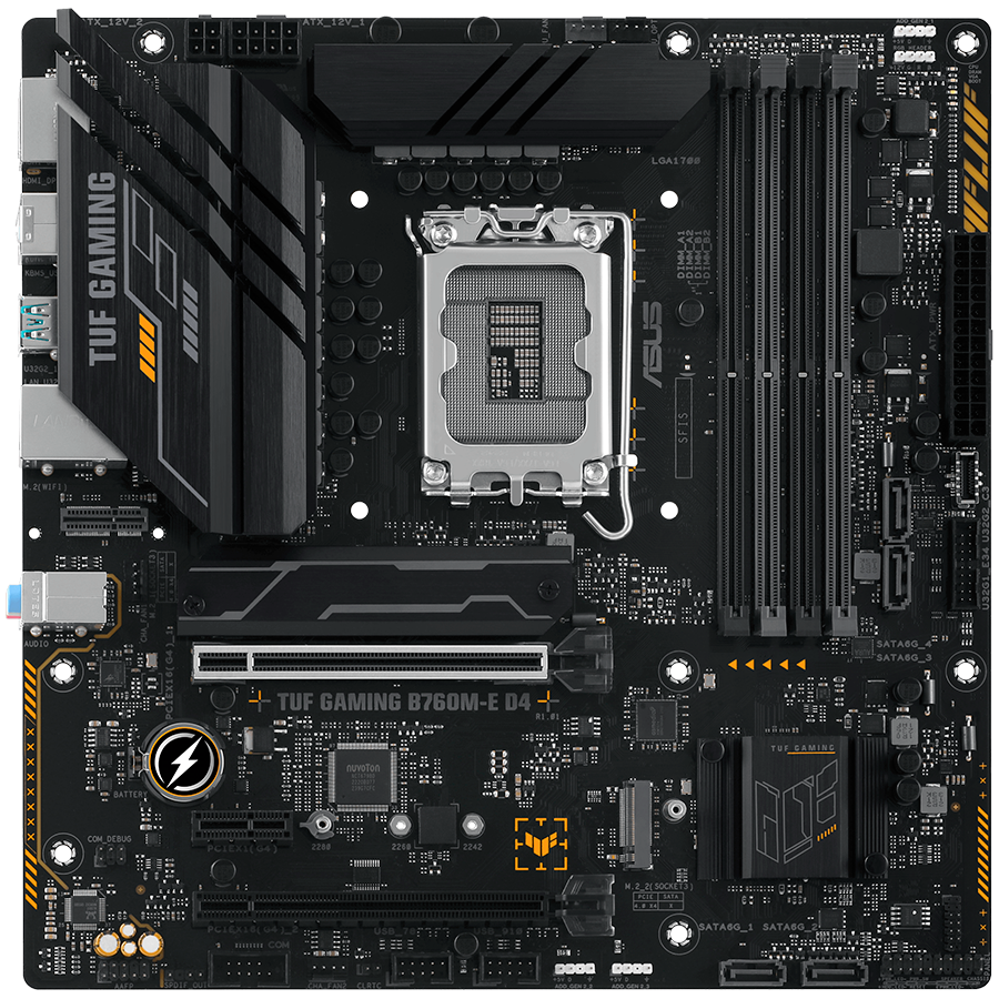 ASUS MB TUF GAMING B760M-E D4  B760, LGA1700,  4xDDR4, 2PCI-Ex16, 4SATA3, 7.1-ch, 2.5GLAN, 6 USB 3.2, 1 USB Type-C, HDMI, DP, mATX,