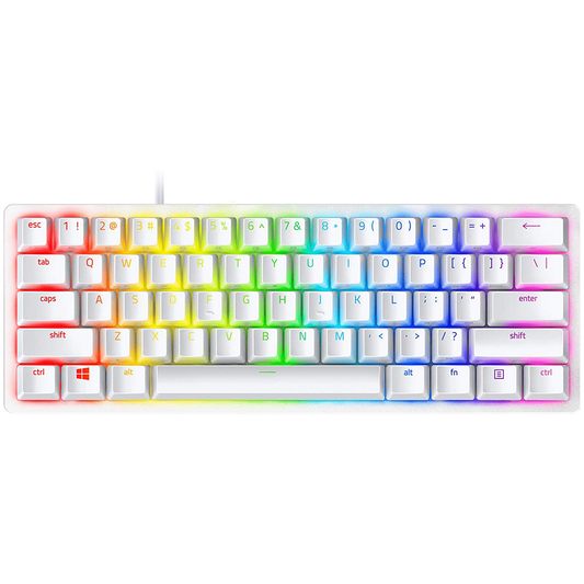 Razer Huntsman Mini White, Linear Optical Switch, size 60%, RGB Chroma, Doubleshot PBT Keycaps, Standard Bottom Row Layout, Fully programmable keys with on-the-fly macro recording, 1000 Hz Ultrapolling, Aluminum construction