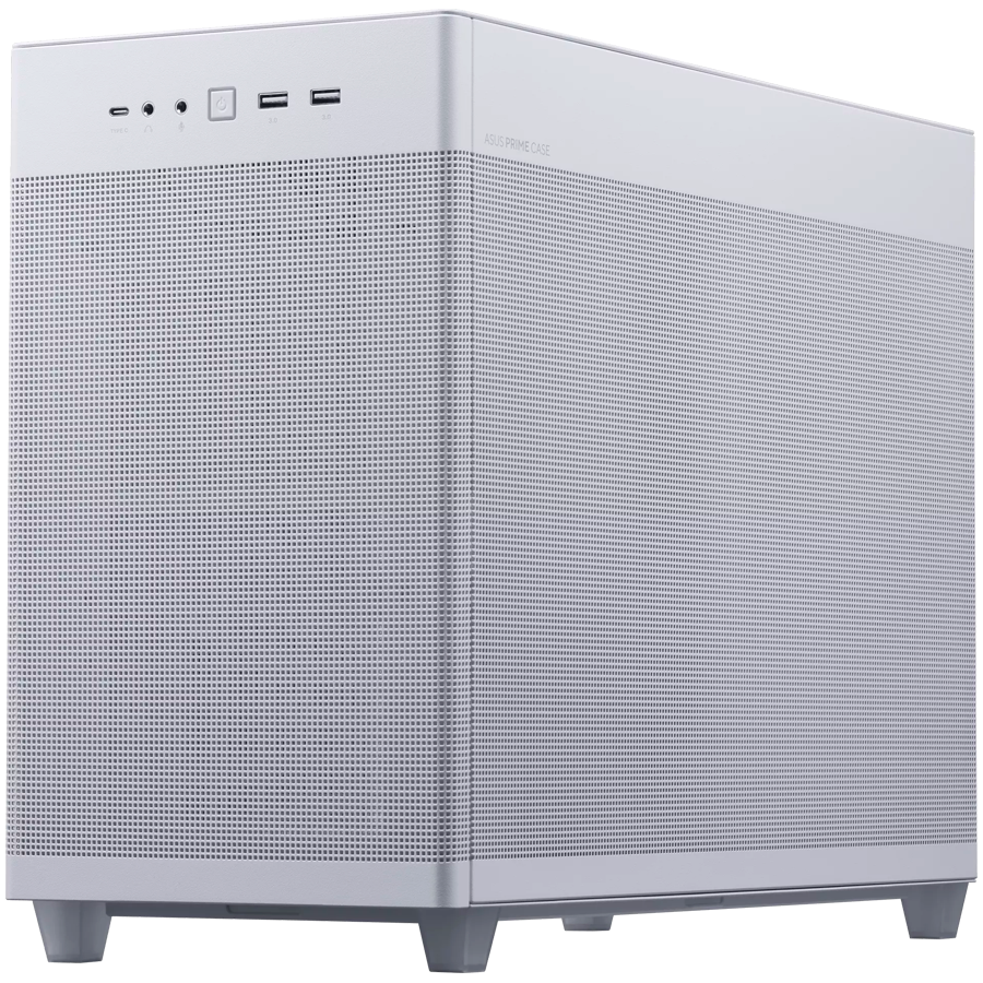 ASUS Prime AP201 MicroATX Case White - stylish 33-liter MicroATX case with tool-free side panels and a quasi-filter mesh, with support for 360 mm coolers, graphics cards up to 338 mm long, and standard ATX PSUs