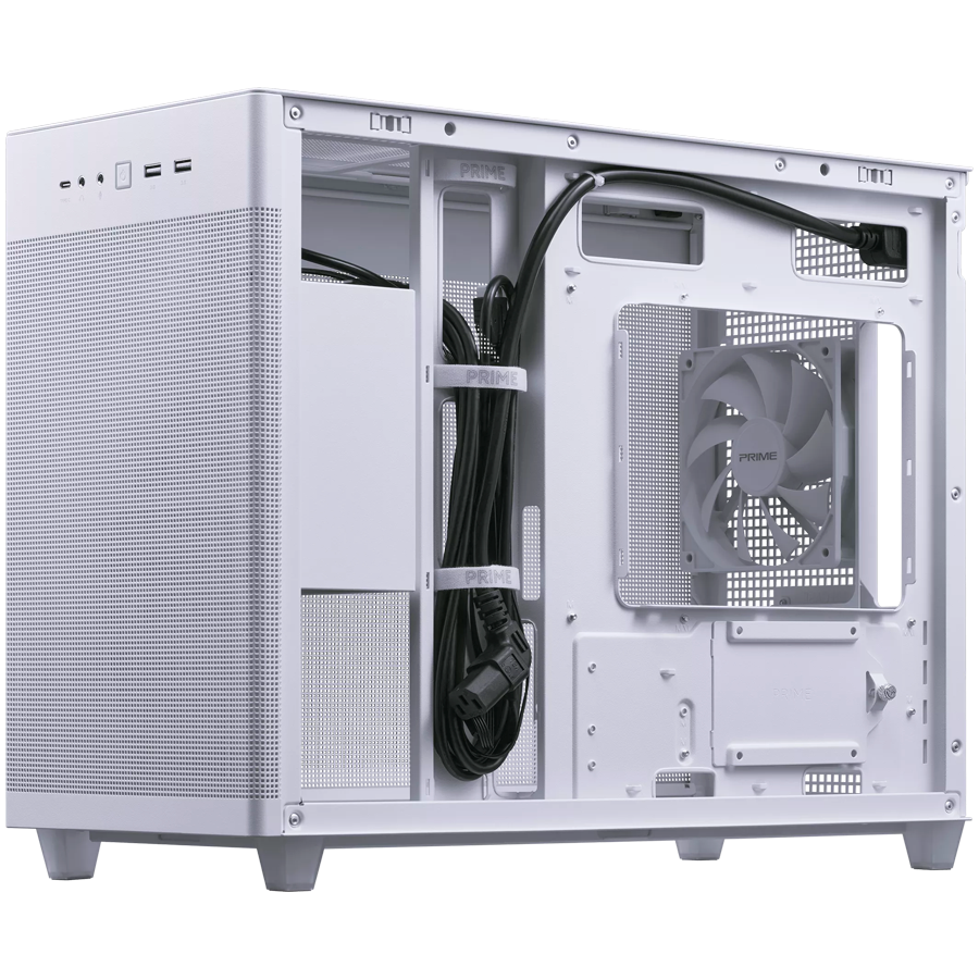 ASUS Prime AP201 MicroATX Case White - stylish 33-liter MicroATX case with tool-free side panels and a quasi-filter mesh, with support for 360 mm coolers, graphics cards up to 338 mm long, and standard ATX PSUs