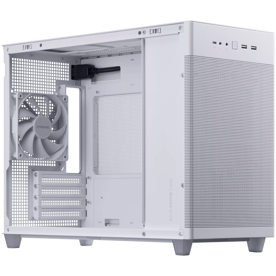 ASUS Prime AP201 MicroATX Case White - stylish 33-liter MicroATX case with tool-free side panels and a quasi-filter mesh, with support for 360 mm coolers, graphics cards up to 338 mm long, and standard ATX PSUs
