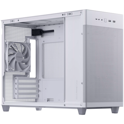 ASUS Prime AP201 MicroATX Case White - stylish 33-liter MicroATX case with tool-free side panels and a quasi-filter mesh, with support for 360 mm coolers, graphics cards up to 338 mm long, and standard ATX PSUs