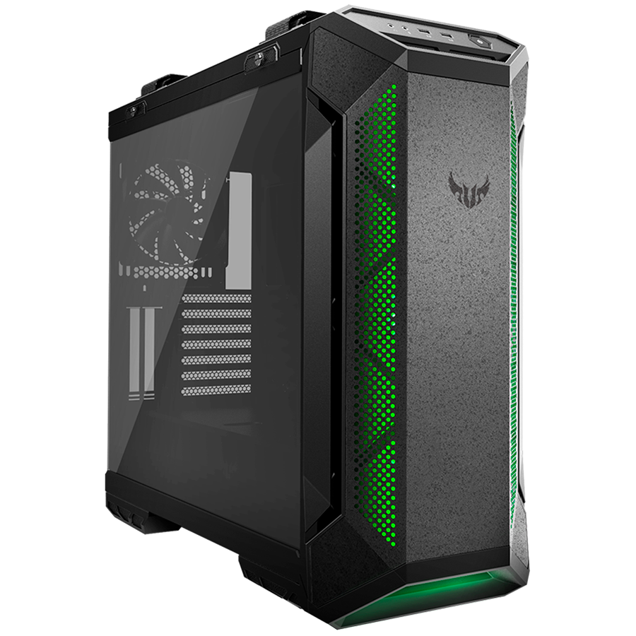 ASUS TUF Gaming GT501 case supports up to EATX with metal front panel, tempered-glass side panel, 120 mm RGB fan, 140 mm PWM fan, radiator space reserved, and USB 3.1 Gen 1
