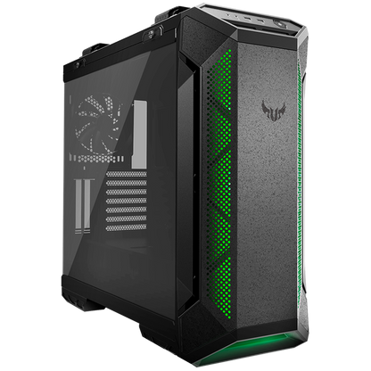 ASUS TUF Gaming GT501 case supports up to EATX with metal front panel, tempered-glass side panel, 120 mm RGB fan, 140 mm PWM fan, radiator space reserved, and USB 3.1 Gen 1