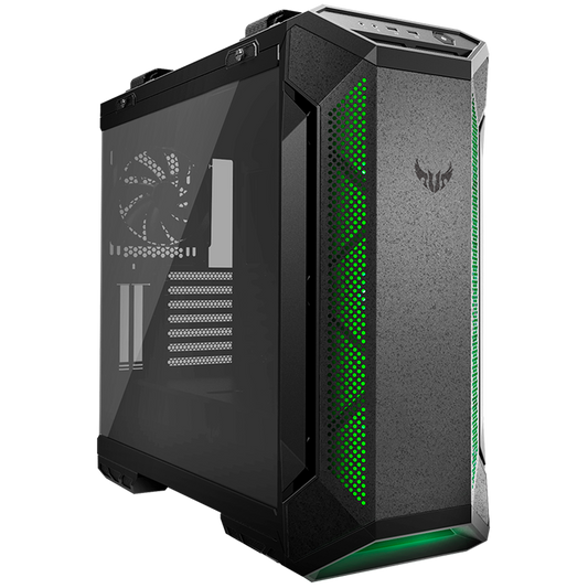 ASUS TUF Gaming GT501 case supports up to EATX with metal front panel, tempered-glass side panel, 120 mm RGB fan, 140 mm PWM fan, radiator space reserved, and USB 3.1 Gen 1