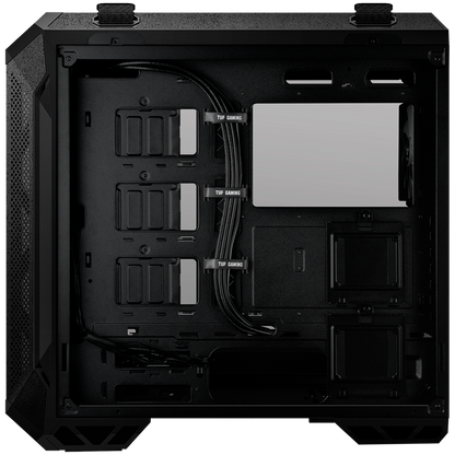 ASUS TUF Gaming GT501 case supports up to EATX with metal front panel, tempered-glass side panel, 120 mm RGB fan, 140 mm PWM fan, radiator space reserved, and USB 3.1 Gen 1