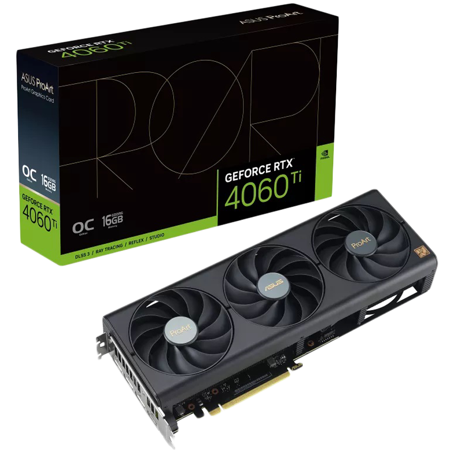 ASUS Video Card NVidia ProArt GeForce RTX 4060 Ti OC Edition 16GB GDDR6 VGA bring elegant and minimalist style to empower creator PC builds, PCIe 4.0, 1xHDMI 2.1a, 3xDisplayPort 1.4a