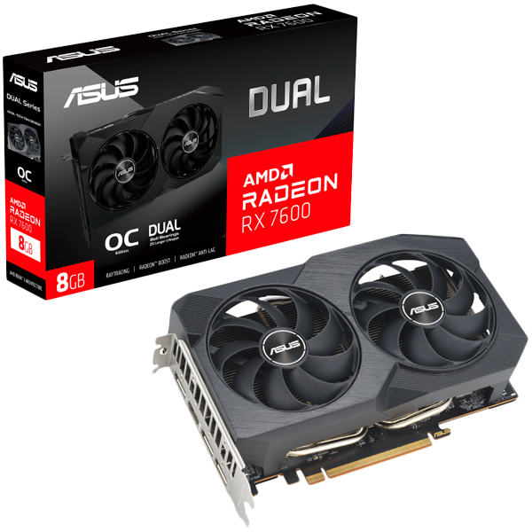 ASUS Video Card AMD Radeon Dual RX 7600 V2 OC Edition 8GB GDDR6 VGA optimized inside and out for lower temps and durability, PCIe 4.0, 1xHDMI 2.1, 3xDisplayPort 1.4a