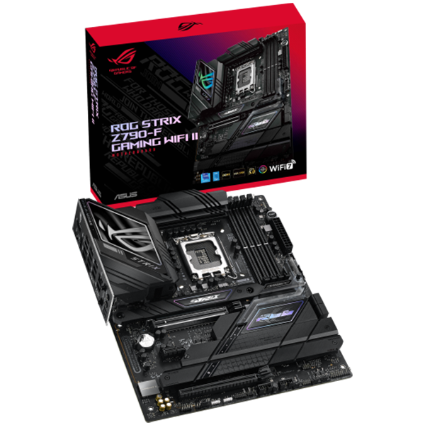 ASUS ROG STRIX Z790-F GAMING WIFI II LGA1700 ATX gaming MB - Intel Z790 4xDIMM DDR5 5xM.2 4xSATA PCIe 5.0 2.5Gb Ethernet WiFi 7 + Bluetooth 1xDisplayPort 1x HDMI with Aura Sync support