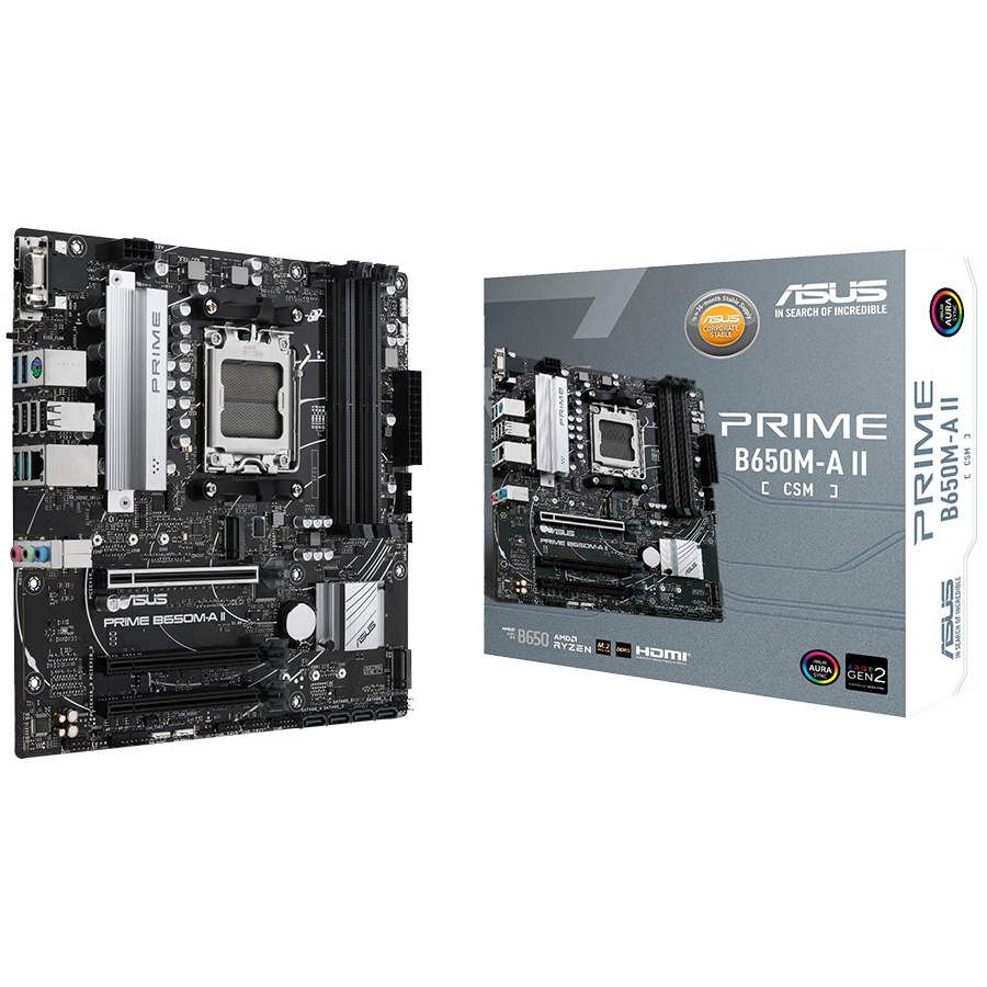 ASUS PRIME B650M-A II-CSM AM5 mATX MB - AMD B650 4xDIMM DDR5 2xM.2 4xSATA PCIe 5.0 2.5Gb Ethernet 1xD-SUB 1xDisplayPort 1xHDMI with Aura Sync support