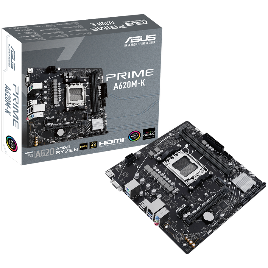 ASUS PRIME A620M-K AM5 mATX MB - AMD A620 2xDIMM DDR5 1xM.2 4xSATA PCIe 4.0 1Gb Ethernet 1xD-SUB 1xHDMI Aura Sync RGB Lighting