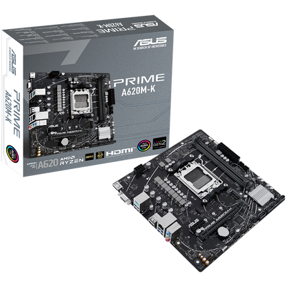 ASUS PRIME A620M-K AM5 mATX MB - AMD A620 2xDIMM DDR5 1xM.2 4xSATA PCIe 4.0 1Gb Ethernet 1xD-SUB 1xHDMI Aura Sync RGB Lighting