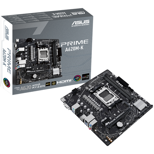 ASUS PRIME A620M-K AM5 mATX MB - AMD A620 2xDIMM DDR5 1xM.2 4xSATA PCIe 4.0 1Gb Ethernet 1xD-SUB 1xHDMI Aura Sync RGB Lighting