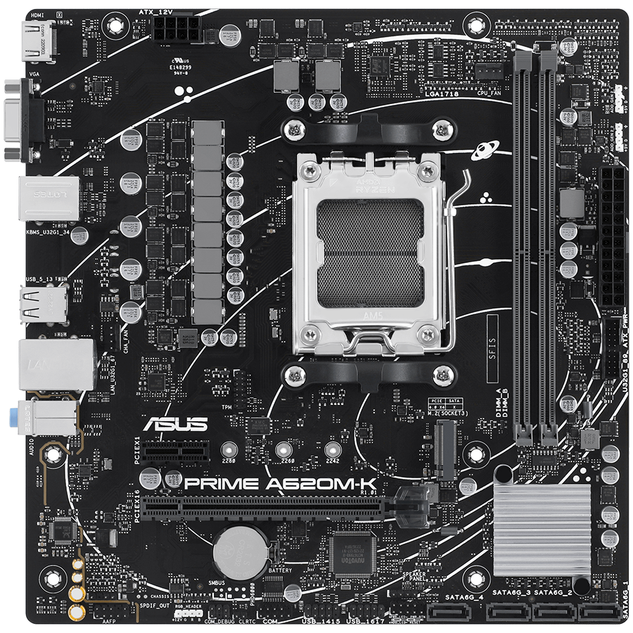 ASUS PRIME A620M-K AM5 mATX MB - AMD A620 2xDIMM DDR5 1xM.2 4xSATA PCIe 4.0 1Gb Ethernet 1xD-SUB 1xHDMI Aura Sync RGB Lighting